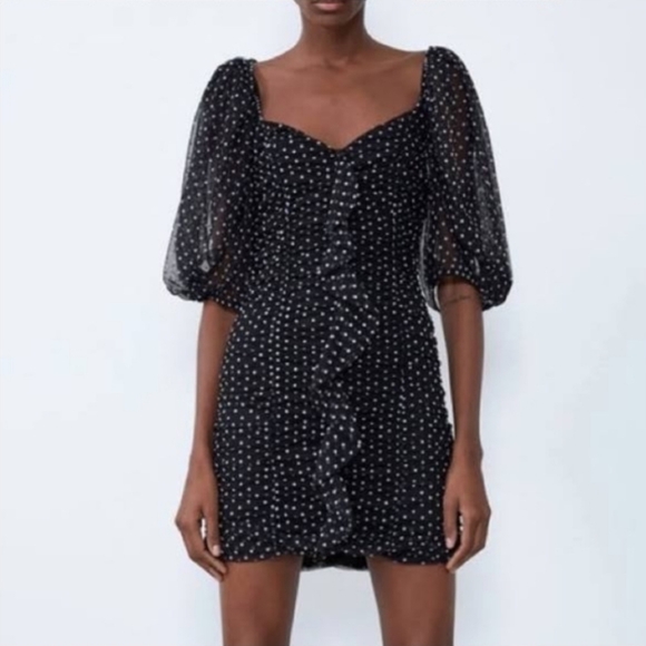Zara Polka Dot Puff Sleeve Ruched Dress Black White Dots Sz M NWT MSRP $69 - Picture 2 of 13